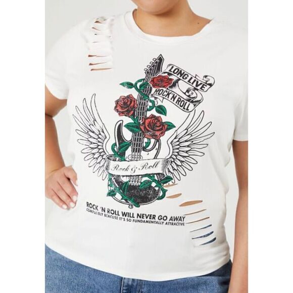 Forever 21+ - Julia Rock and Roll Slashed Tee (1X) - Picture 1 of 7